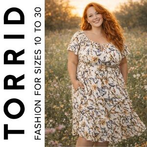 Torrid Cream Gilded Florals Challis Off-Shoulder Midi Dress, Large, NWT!